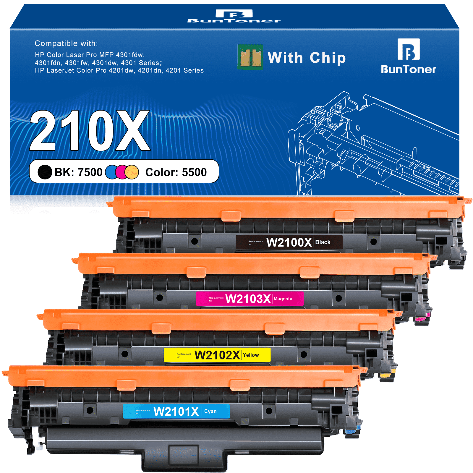 210X Toner 4 Pack (With Chip) Compatible for HP 210A 210X Toner Cartridge Set (Black,Cyan,Magenta,Yellow)
