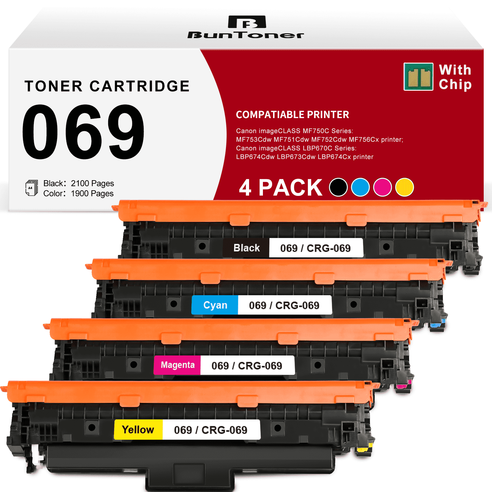 069 Toner Cartridge Compatible for Canon 069 Toner Cartridges for Canon 069 069H CRG-069 Toner (Black, Cyan, Magenta, Yellow)
