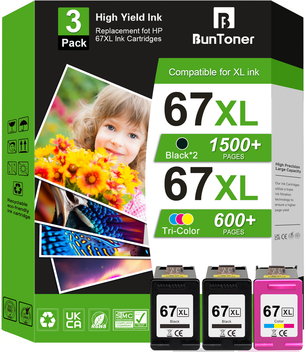 67XL Ink Cartridges Compatible for HP 67 for Printer Ink HP 67 for Deskjet 2755e 2855e 2742e 2752e 4155e 4255e 6055e 6065e (2 Black, 1 Tri-Color)