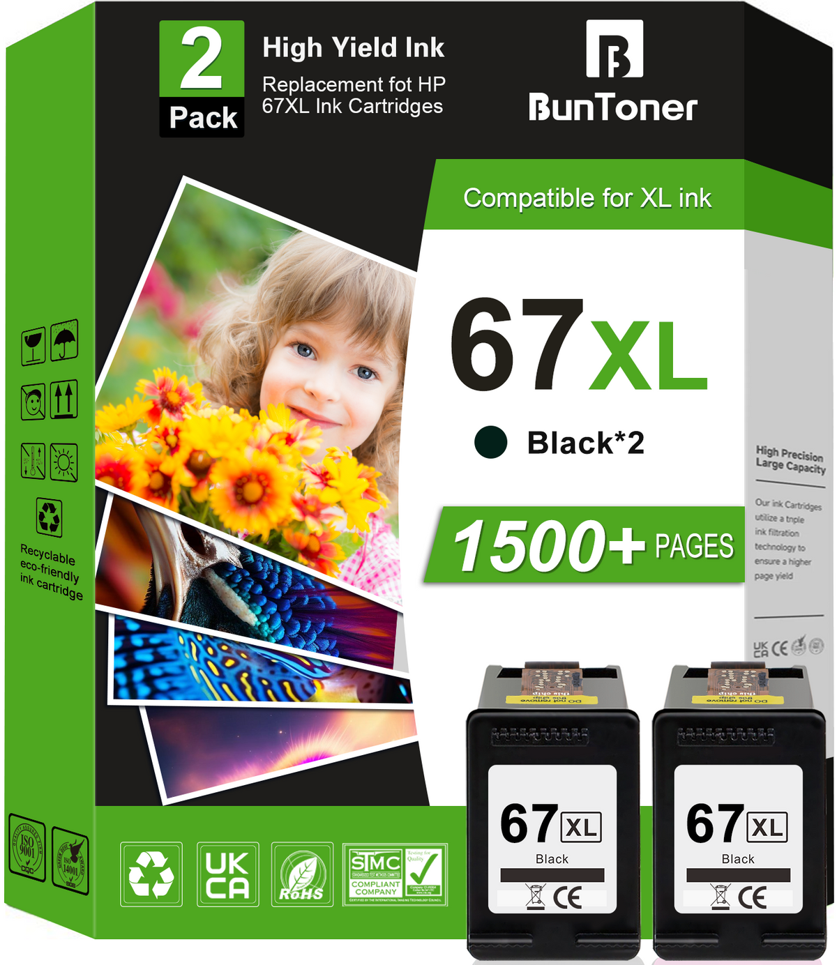 67XL Black Ink Cartridge Compatible for HP 67 Black Ink Cartridge for Deskjet 2742e 2752e 2755e 2855e 4155e 4255e 6055e 6065e Printer (2 Pack)