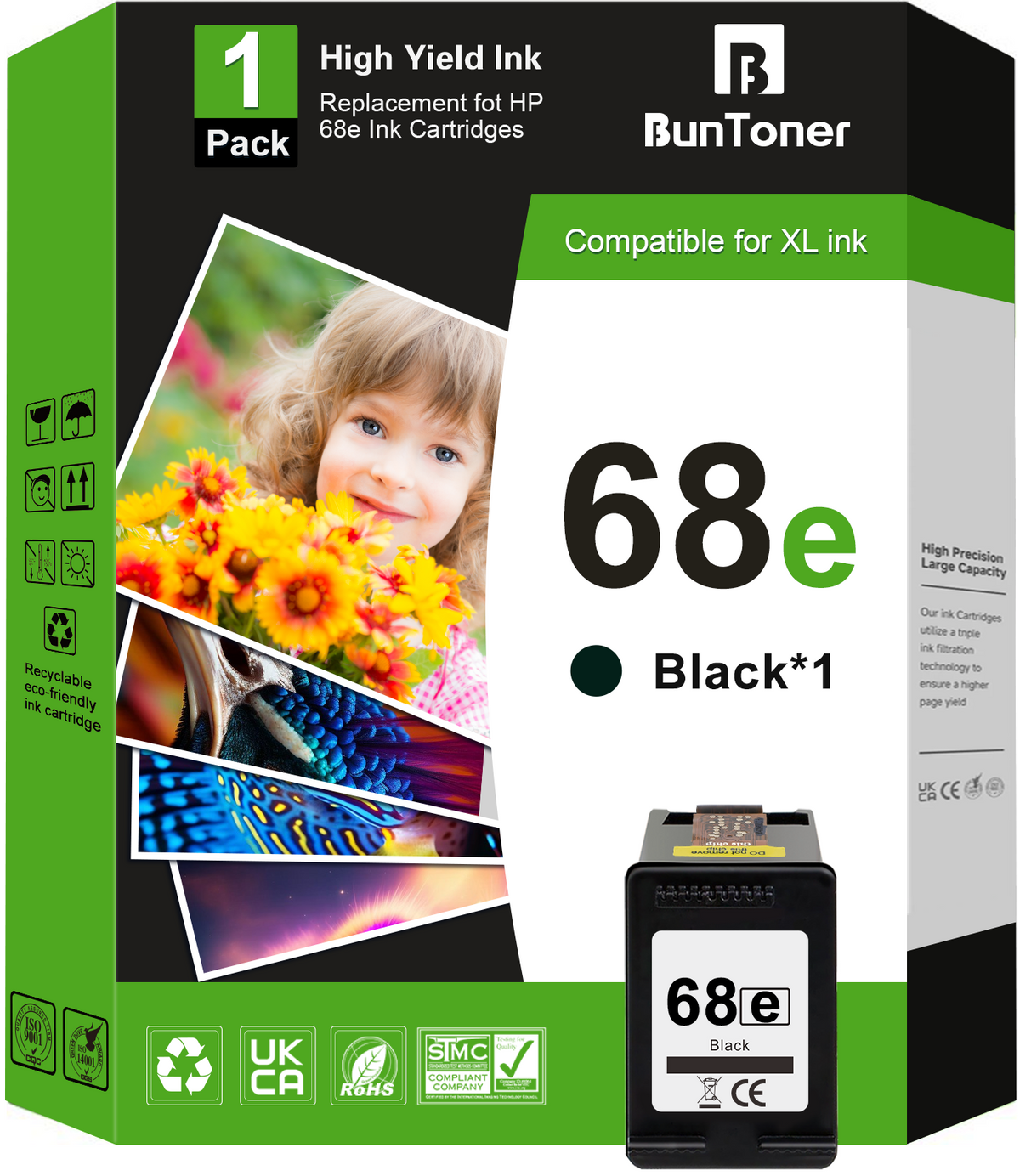 68e Ink Cartridge compatible for HP 68 Black Ink Cartrdige for Envy 6152e 6155e 6165e 6552e 6555e 6558e Printer (1 Black)