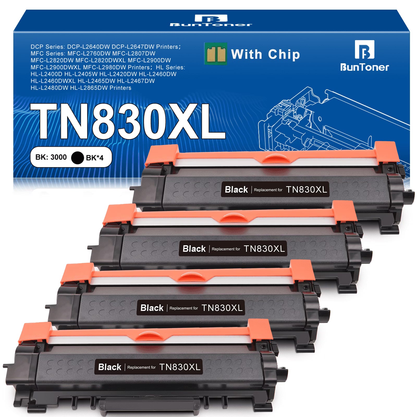 TN830XL Toner Cartridge Compatible for Brother TN830 Toner for Brother HL-L2465DW HL-L2420DW HL-L2460DW HL-L2405W HL-L2400D HL-L2480DW MFC-L2760DW DCP-L2640DW Printer (4 Black)