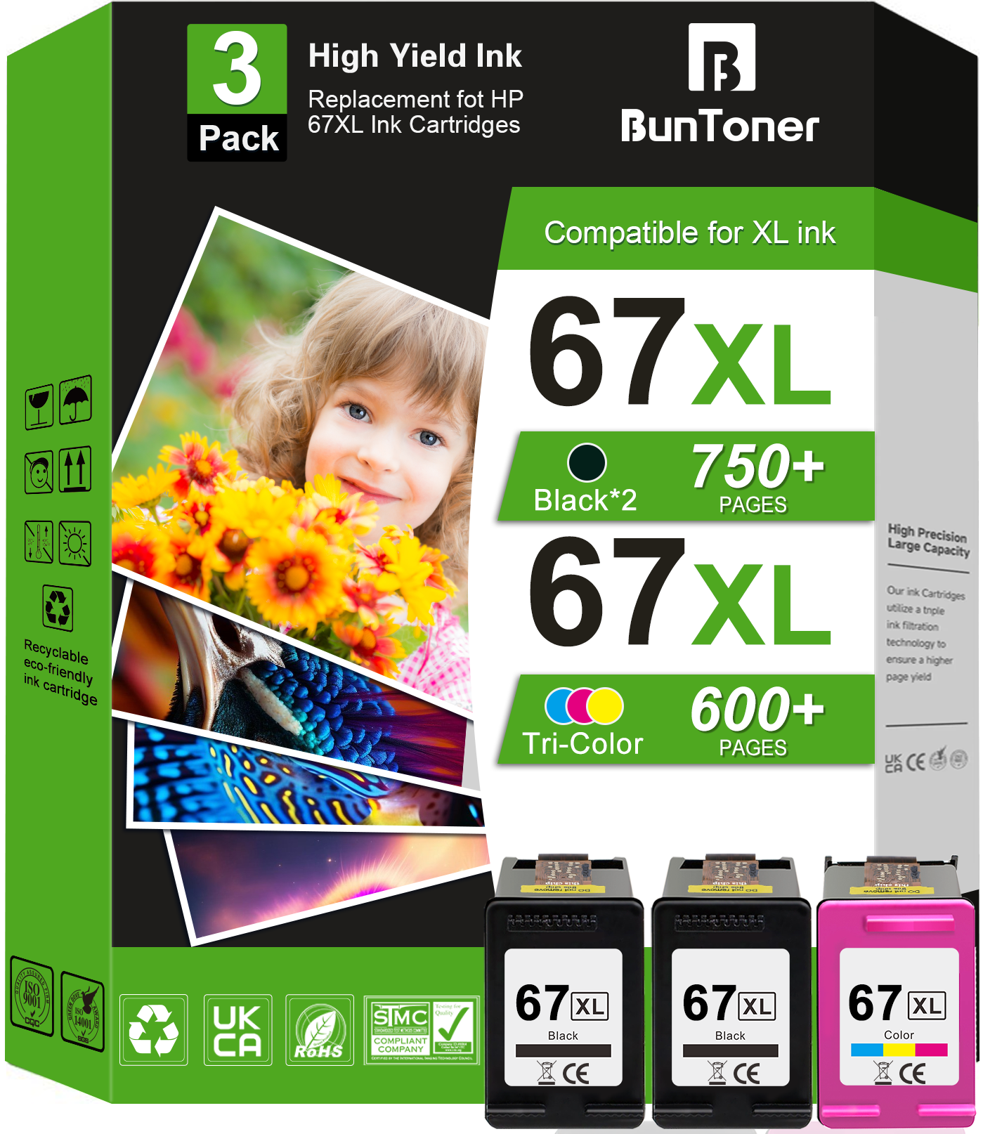 67XL Ink Cartridges for HP 67 Ink Cartridge Compatible for HP Printer Ink 67 for Deskjet 2755 4155 ( 2 Black and Tri-Color)