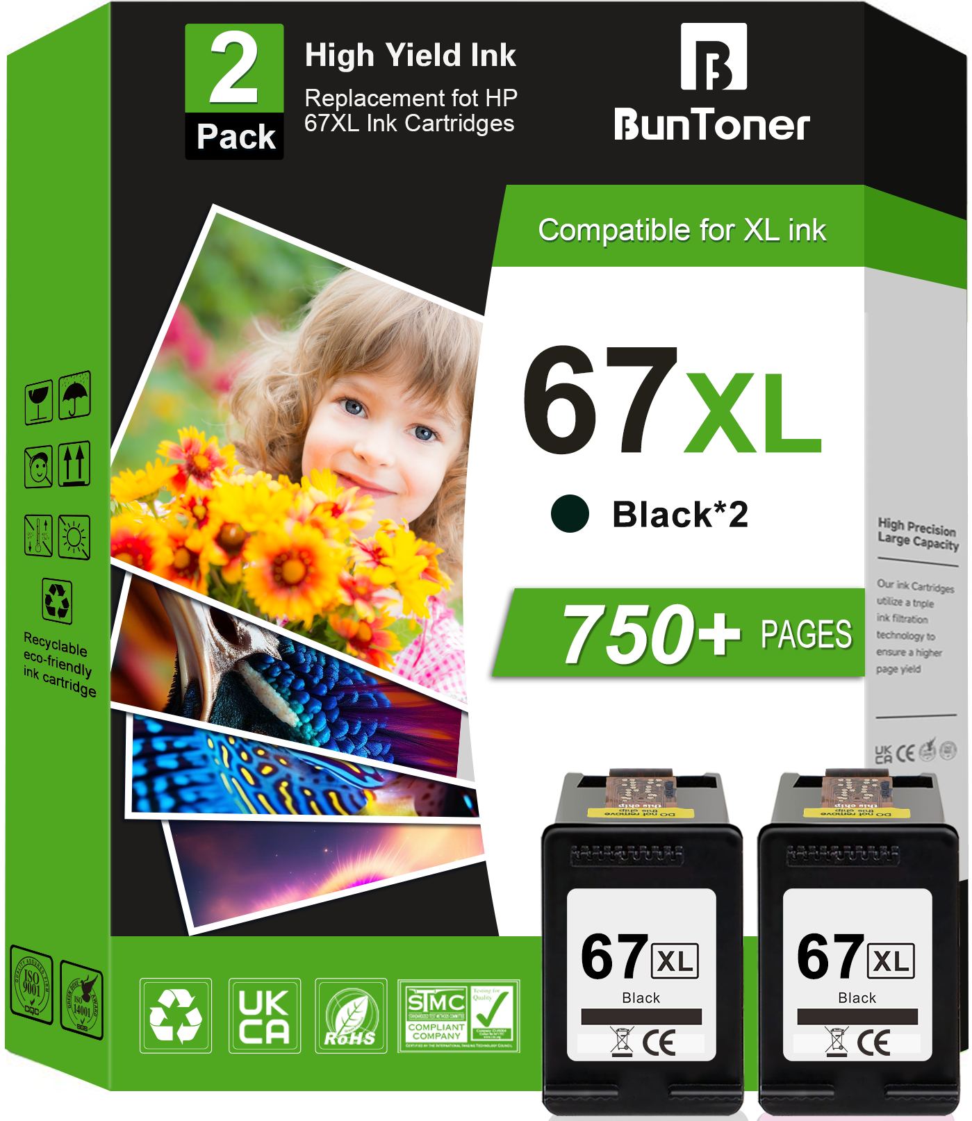 67XL Black Ink Cartridge Compatible for HP 67 Black Ink Cartridge XL (2 Pack)