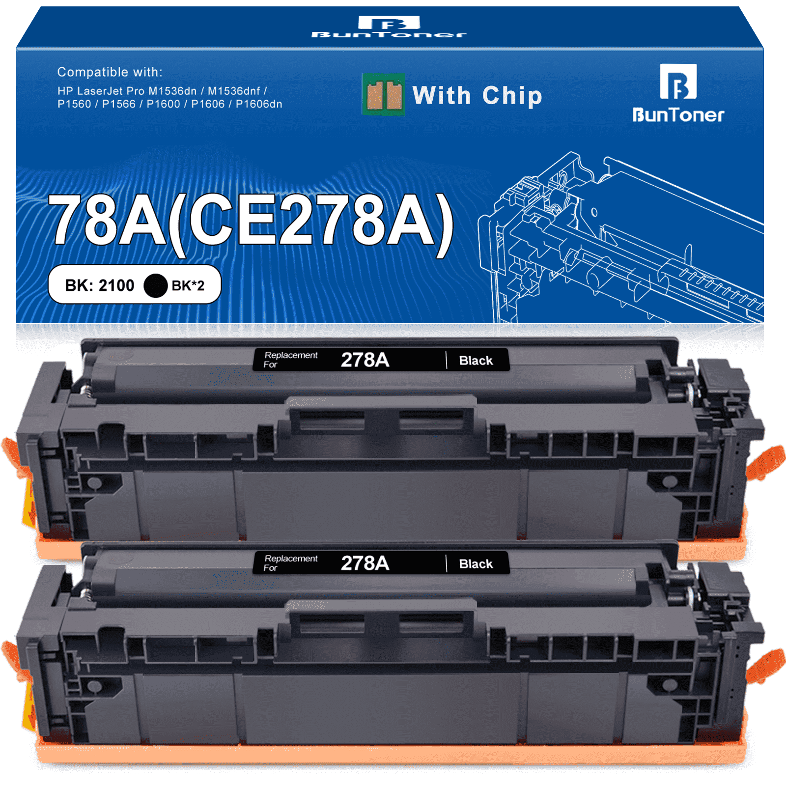 78A CE278A Toner Cartridge Compatible for HP 78A  Black Toner Cartridge for HP laserjet pro P1606dn 1536dnf P1566 P1560 Printer (2-Pack)