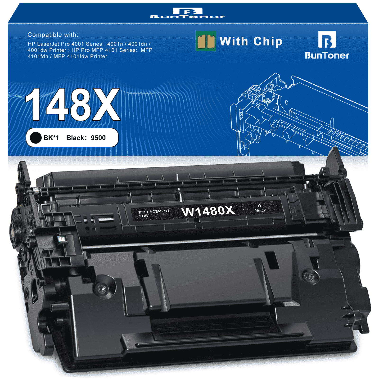 148X Toner Cartridge with Chip Compatible for HP 148X 148A W1480X W1480A Toner for Pro 4001dw 4001dn MFP 4101fdw 4101fdn Printer (1 Black)