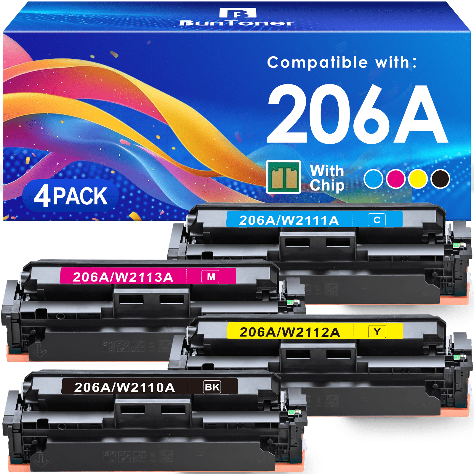 206A Toner Cartridges (With Chip) Compatible for HP 206A Toner Cartridges for 206A W2110A Toner Cartridge for HP Color Laserjet Pro MFP M283fdw (4 Pack)